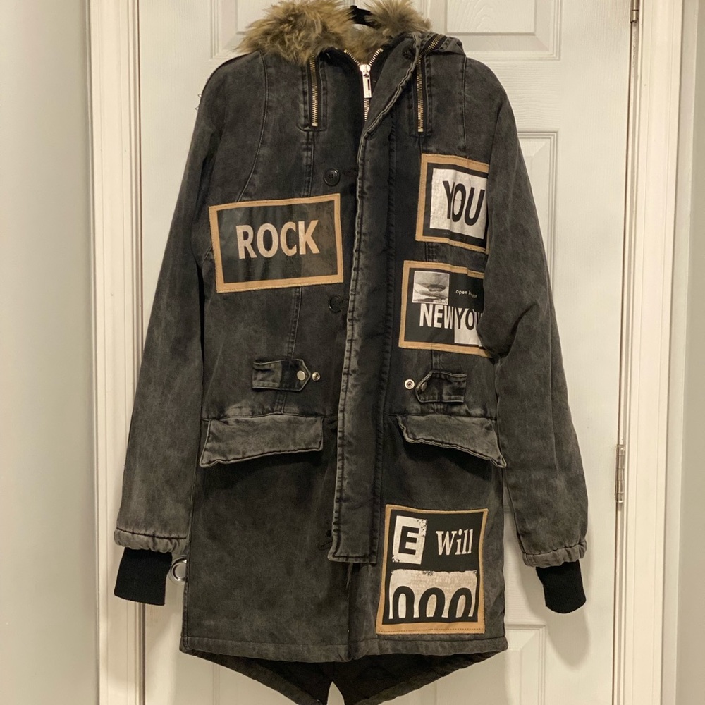 Mens Faux fur coat w/ patchwork details
